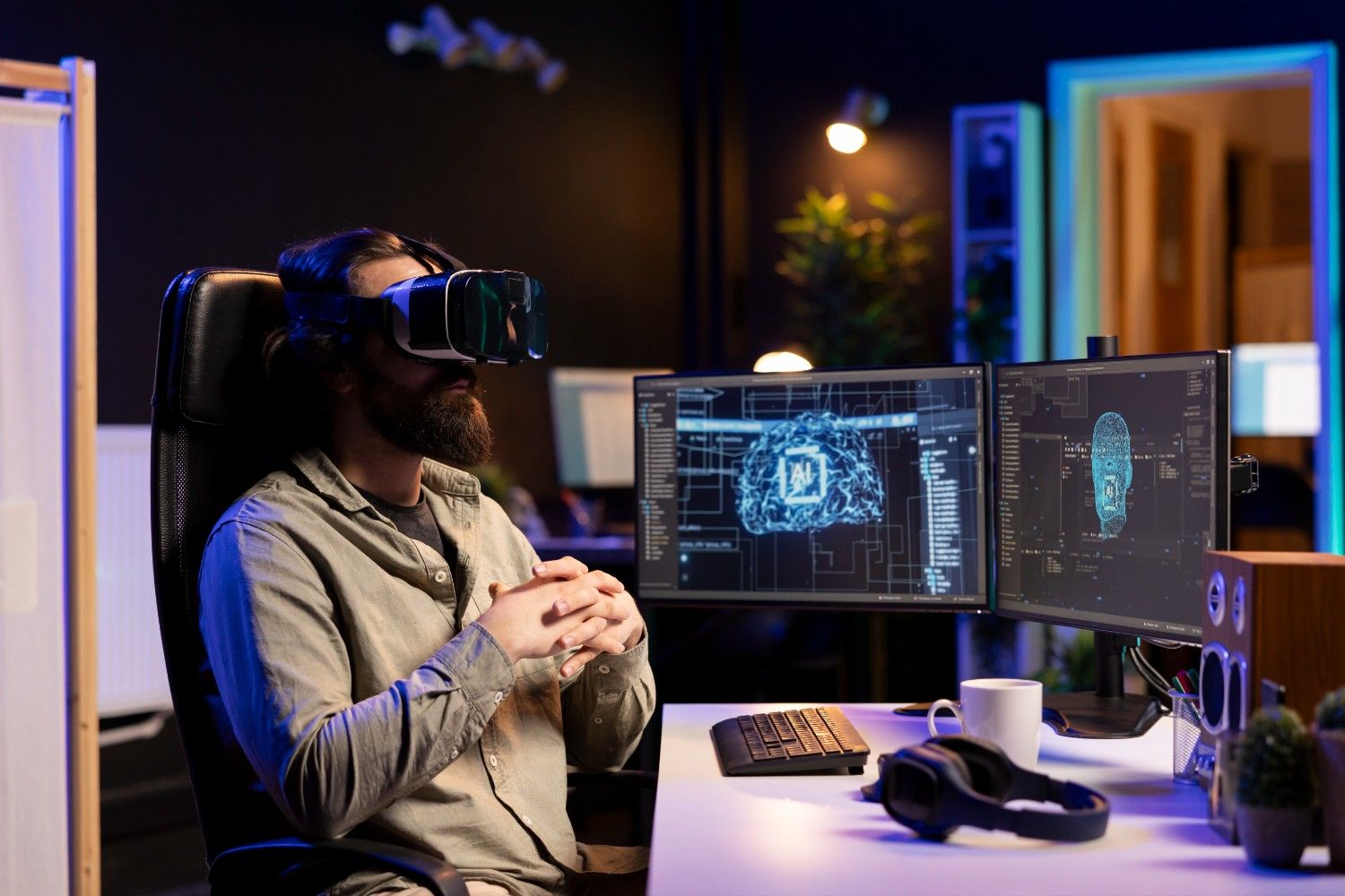 A software developer working on artificial intelligence technology while wearing a VR headset