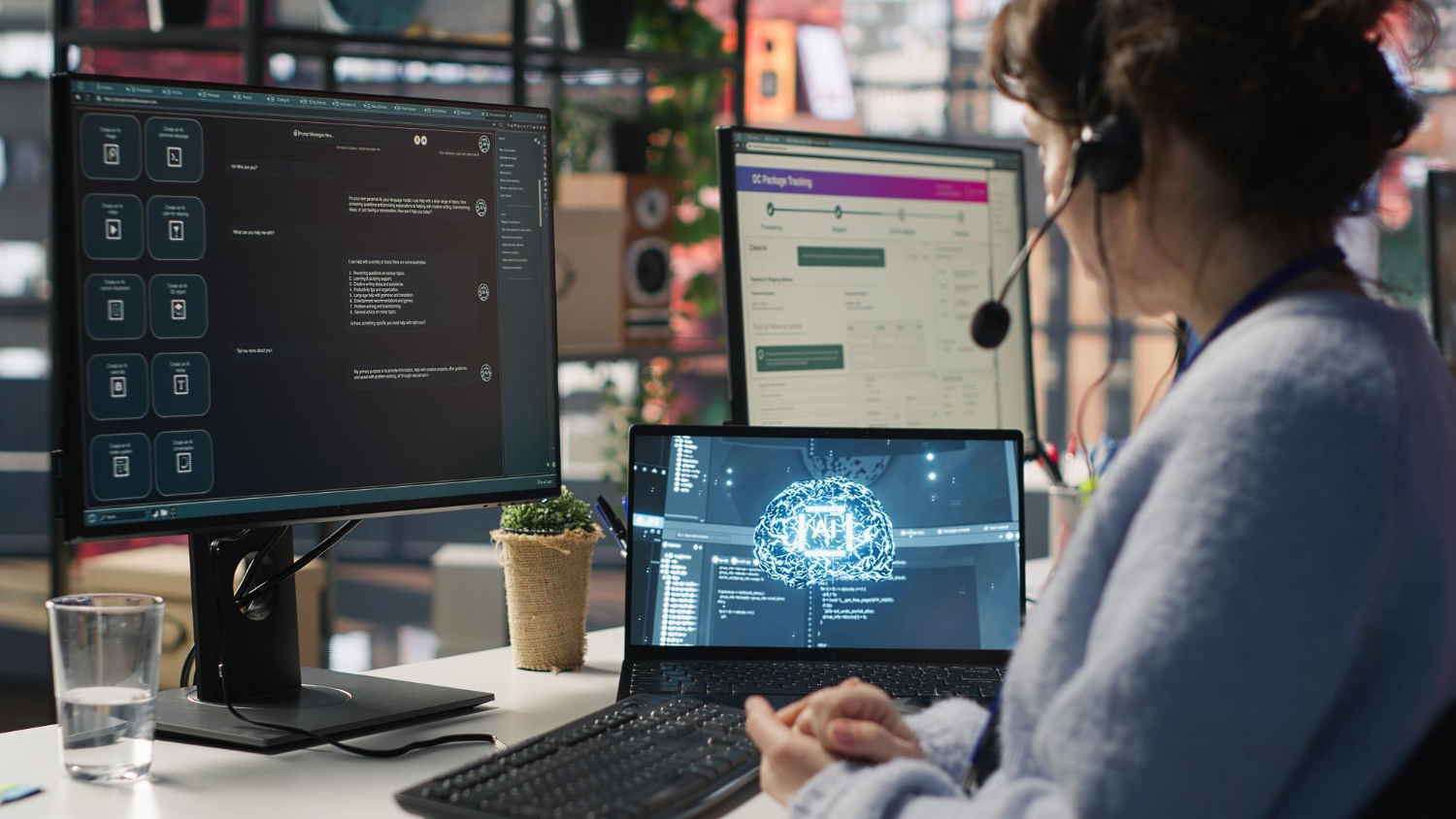 Support agent using AI tools and multiple screens