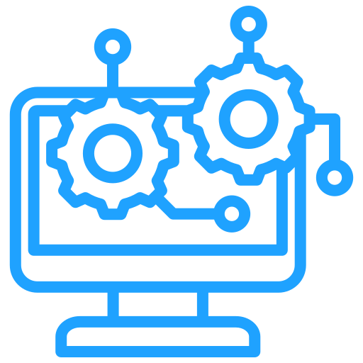 Blue icon of a computer monitor with gears representing technical systems