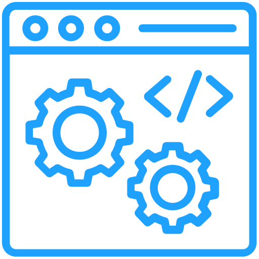 Blue icon of a web browser with gears and code symbols for web optimization